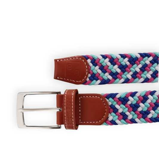 Woven belt with colorful pattern and brown leather buckle on a white background