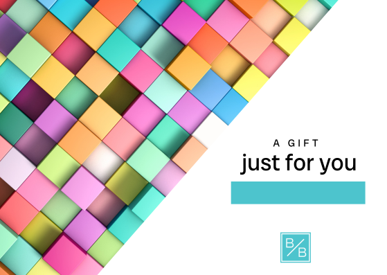 Colorful geometric pattern with 'A Gift Just for You' text and a brand logo on a white background