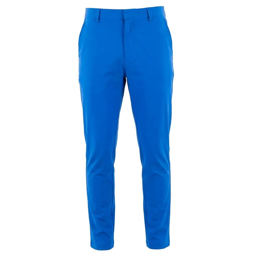 Bright blue golf pants on a white background