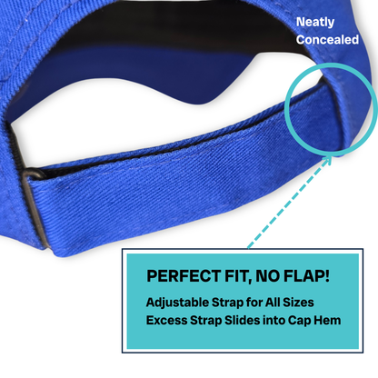 Blue cap with an adjustable strap, showing how it fits neatly and is concealed.