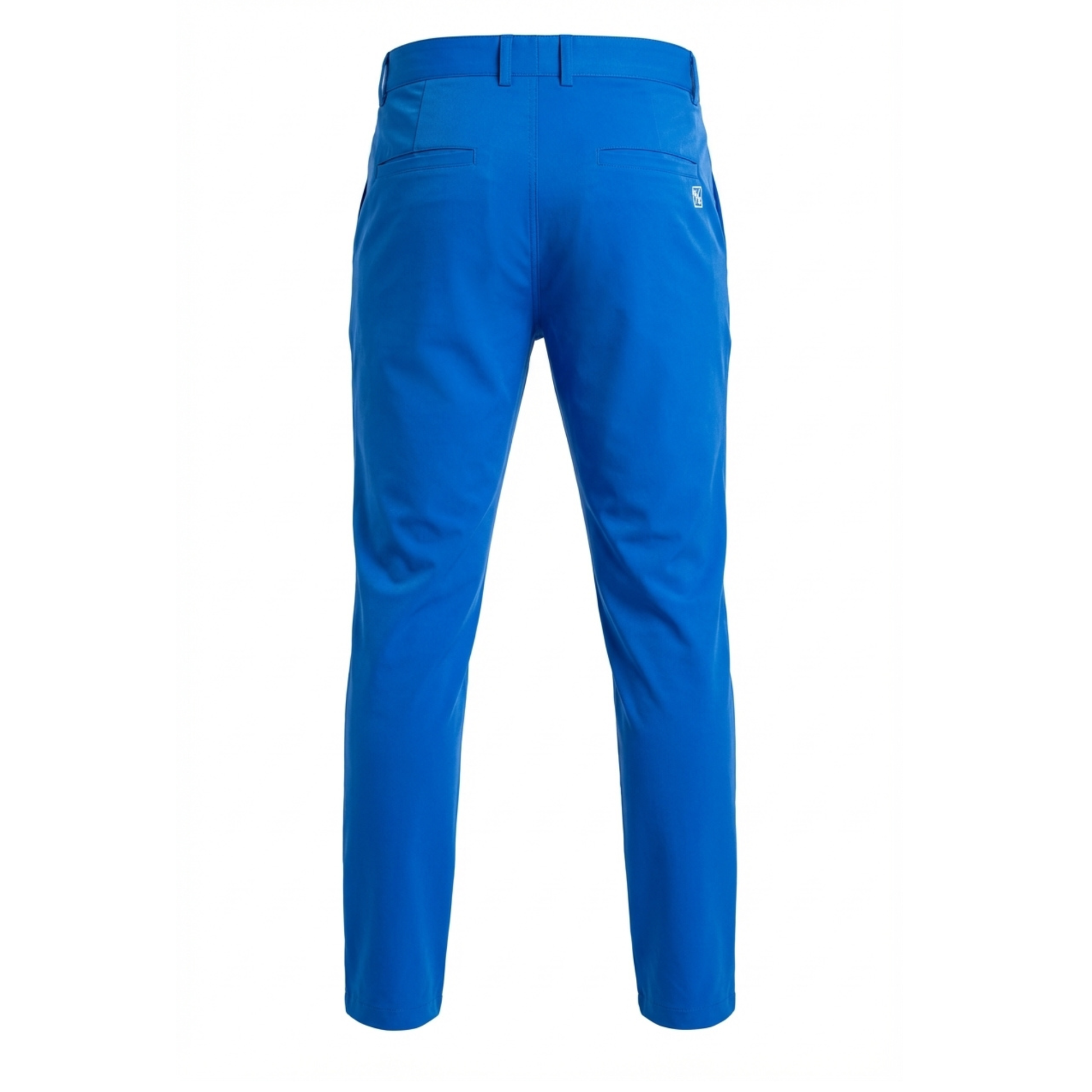 Blue golf pants from behind on a white background
