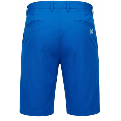 Blue golf shorts with a brand logo on a white background