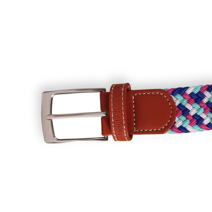 Close-up of a multi-colored braided elastic belt with teal, pink, and blue weaving, featuring a silver square buckle and a brown leather loop stamped with the brand name "Bright Bogey.