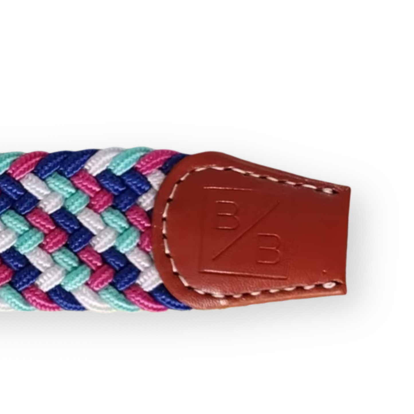 Close-up of a multi-colored braided elastic belt with teal, pink, and blue weaving, featuring a brown leather logo of Bright Bogey. 