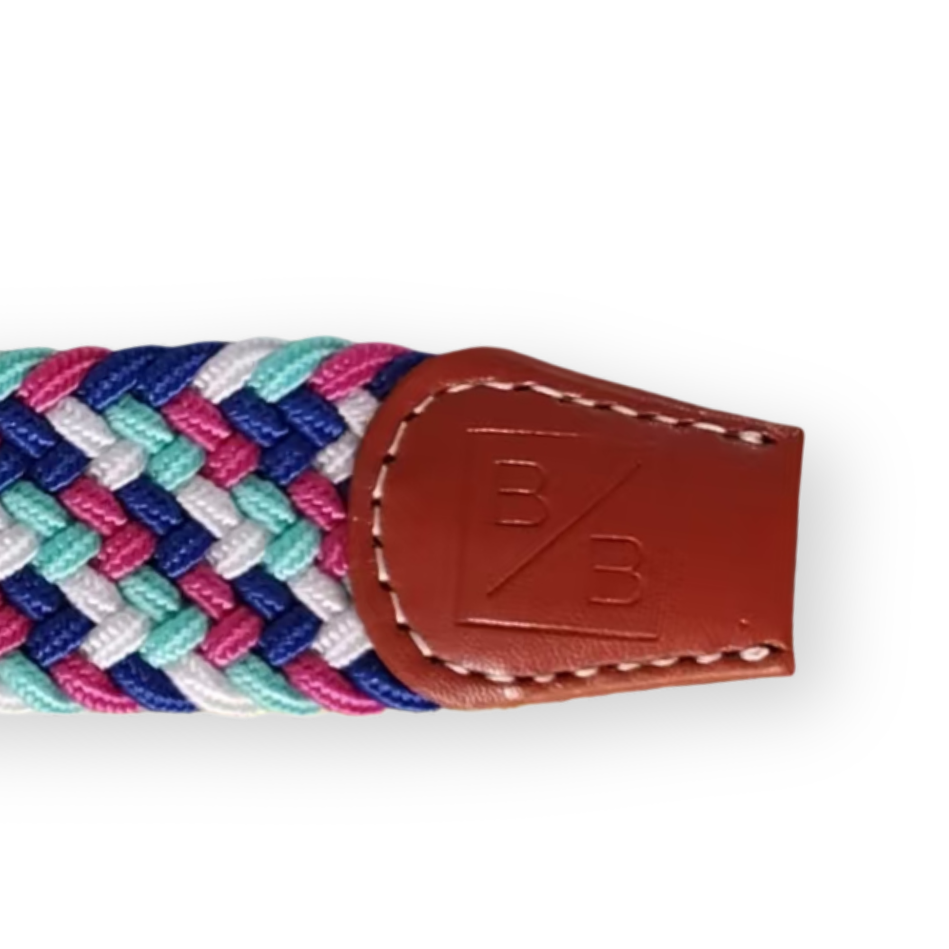 Close-up of a multi-colored braided elastic belt with teal, pink, and blue weaving, featuring a brown leather logo of Bright Bogey. 
